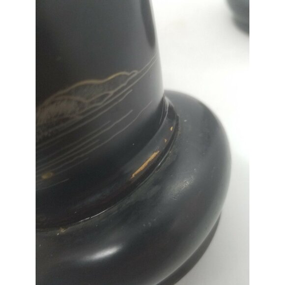 1950's Japanese Black Laquer Over Wood Vases Interior Liners Hand Painted Pair - Picture 9 of 12